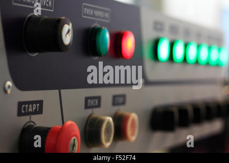 Control panel of production line. Close up view. Shallow depth of field. Stock Photo