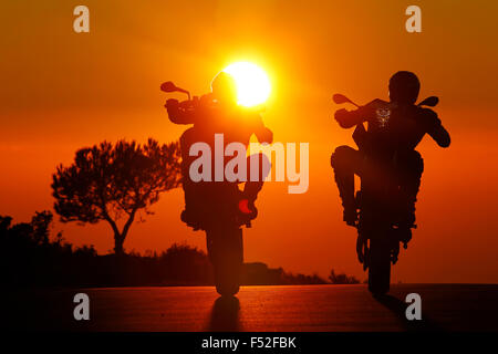 Motorcycles, Funbikes, Husquarna Nuda 900R and KTM 990 SMC, back light, sundown, country road, moving, Wheelie, Stock Photo