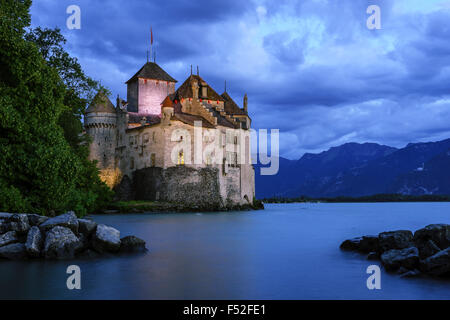 The Chateau de Chillon at twilight. Lake Geneva, Switzerland. Stock Photo