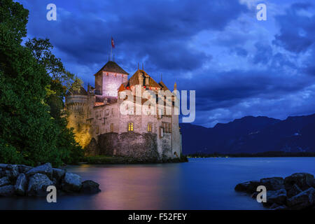 The Chateau de Chillon at twilight. Lake Geneva, Switzerland. Stock Photo