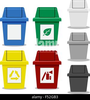 Set of Trash bin with symbol in flat icon style in many color Stock Vector