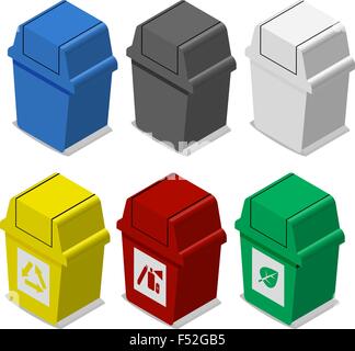 Set of isometric Trash bin with symbol in flat icon style in many color , 3d vector object Stock Vector