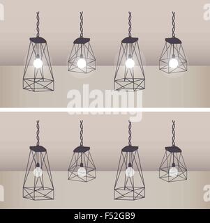 Set of modern ceiling lights with black metal cage and white lamp are hanging with weave wire in on and off option. Isolated int Stock Vector