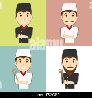 Happy chef master with mustache and beard in black and white uniform. isolated on background Stock Vector