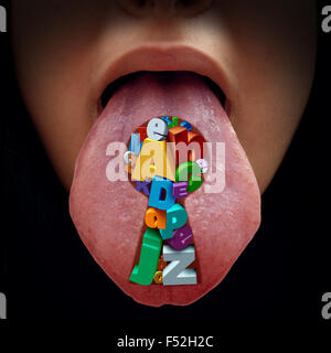 Language solution education concept as a mouth with a tongue sticking out with a group of alphabet letters shaped as a key hole Stock Photo