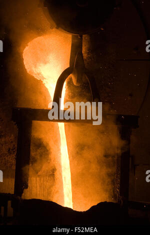 Molten metal pour from ladle Into sand mold. Iron casting process in ...