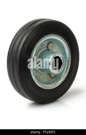 A single black rubber caster wheel is shown in close-up against a white background. The wheel features a textured tread pattern around the outer edge and a central metal hub with a light blue-green Stock Photo