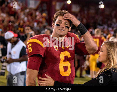 Los Angeles, CA, USA. 24th Oct, 2015. USC quarterback (6) Cody Kessler catches his thoughts after a game between the Utah Utes and the USC Trojans at the Los Angeles Memorial Coliseum in Los Angeles, California. USC defeated third ranked Utah 42-24.(Mandatory Credit: Juan Lainez/MarinMedia/Cal Sport Media) © csm/Alamy Live News Stock Photo