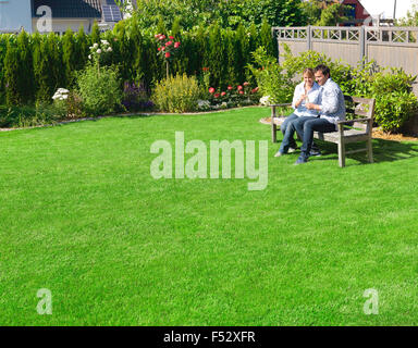 turf, lay, garden, lawn, couple, garden bench Stock Photo
