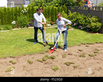 turf, lay, garden, couple, spade, shovel, lawn, Stock Photo