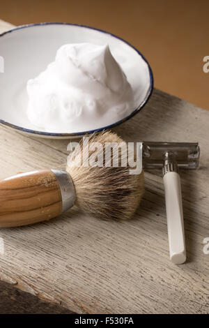 vintage wet shaving Equipment on wooden Table Stock Photo