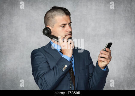 Conversation and new technology. Manager with beard on serious face ...