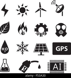 Set of power and energy system in silhouette icons, vector Stock Vector