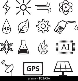 Set of power and energy system in linear icons, vector Stock Vector