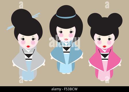 Cute Japanese dolls with different hairstyles Stock Vector