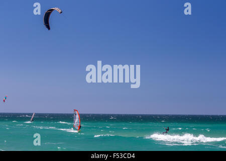 Kitesurfing off Guincho beach near Cascais, Portugal Stock Photo