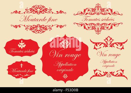 Vintage labels in French - fine mustard, dried tomatoes, red wine Stock Vector