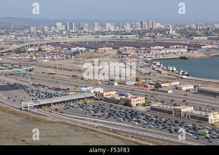 Bay Bridge toll booth back up with Oakland in the background aerial view Stock Photo