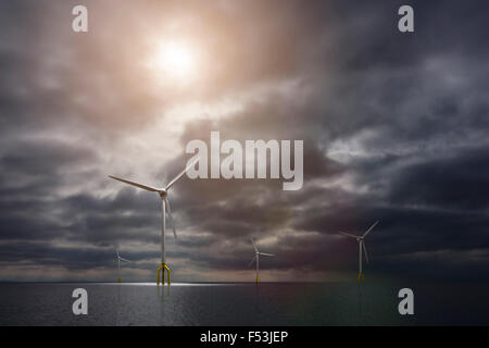 3d, CGI, [M], symbol, energy, wind park, eco-power, wind turbine, sea Stock Photo