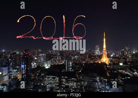 2016 New Year Fireworks celebrating over Tokyo cityscape at night, Japan Stock Photo