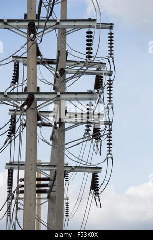 High voltage electric pole with sky background Stock Photo