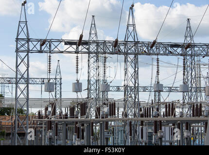 High voltage electric power substation with sky background Stock Photo