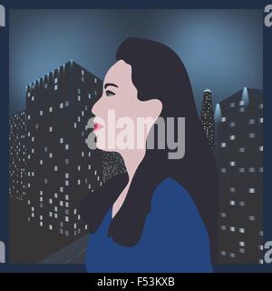 Flat vector of beautiful modern woman with the night modern city behind the window. Stock Vector