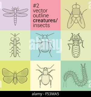 vector icons set insects, bugs collection outline contour kit. sign eps badge planimetric  illustration creatures spiders, scorp Stock Vector