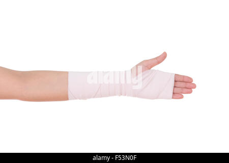 close-up injured arm wrapped in an Elastic Bandage isolated on white background Stock Photo