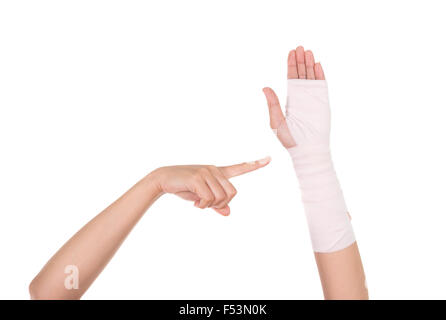 close-up injured arm wrapped in an Elastic Bandage isolated on white background Stock Photo