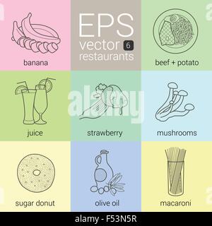 sliced fruits bananas, glasses orange juice with straw, strawberry on fork topping poured, bunch edible mushrooms, donut icing s Stock Vector