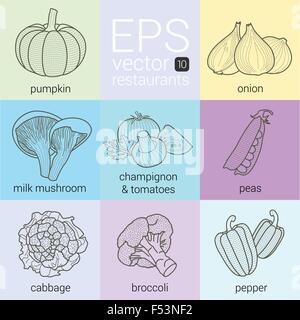 collection of vector contour linear icons ingredients dishes. vegetables, onions, milk mushrooms, tomatoes, mushrooms, peas, cab Stock Vector