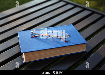 Spectacles for reading on the blue closed book in beams of the setting sun Stock Photo