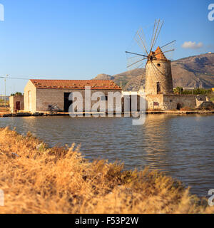View of windmill in the salt pans, Trapani. Sicily Stock Photo