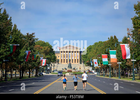 The Benjamin Franklin Parkway and Philadelphia Art Museum  with runners, Philadelphia, Pennsylvania Stock Photo