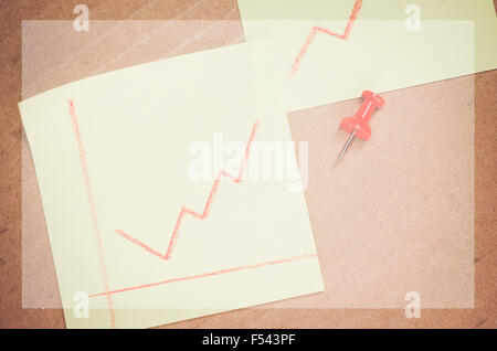 trand line graph on a yellow paper note - paperboard background with dodged copy space Stock Photo