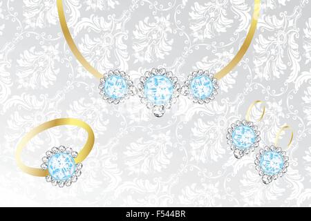 Jewelry set with topaz and diamonds - Illustration on silver-white fabric Stock Vector