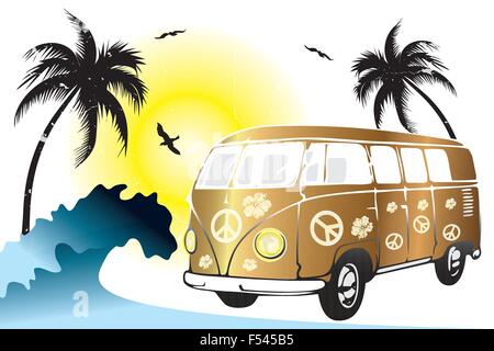 Retro van on the beach - hand drawn illustration Stock Vector