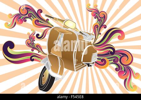 Retro scooter with colorful swirls - hand drawn illustration Stock Vector