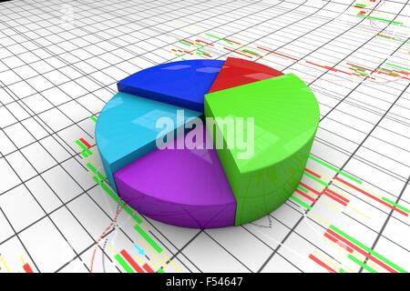 Colourful three dimension pie chart graph with candlestick background. High resolution render. Stock Photo