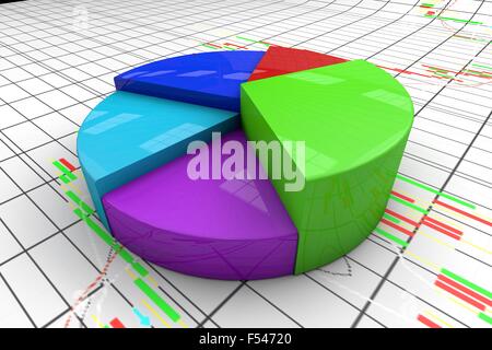 Colourful three dimension pie chart graph with candlestick background. High resolution render. Stock Photo