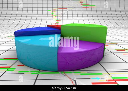 Colourful three dimension pie chart graph with candlestick background. High resolution render. Stock Photo