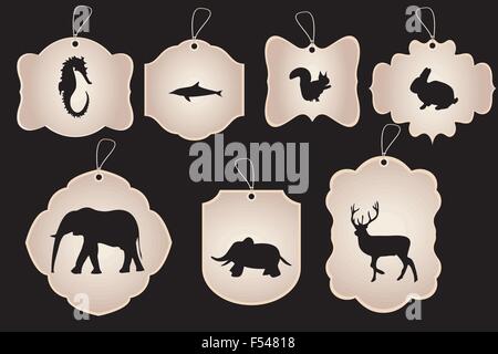 Vintage stickers in various forms with silhouettes of animals isolated on black Stock Vector