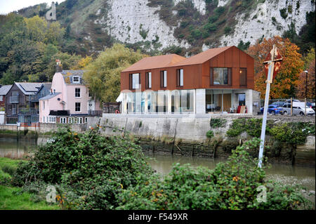 View across the River Ouse of the Corten River House in Lewes which appeared on Grand Designs television programme Stock Photo