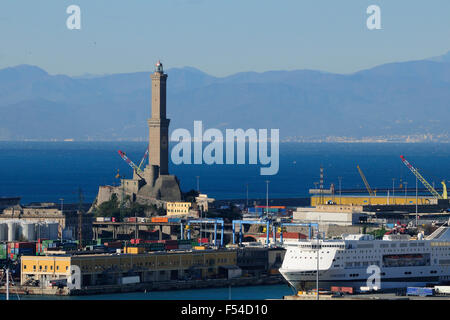 Skyline of Genoa from the harbor. The lighthouse on the left, called 'La Lanterna' is the main city landmark Stock Photo