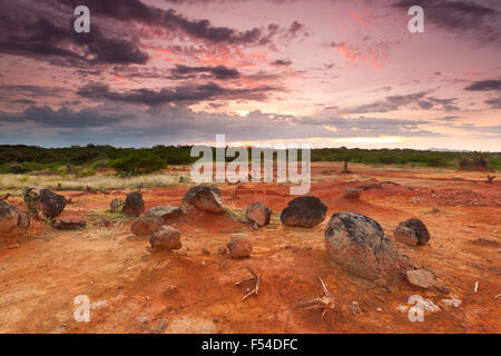 Panama landscape with volcanic rocks and colorful skies at sunset in the desert of Sarigua national park, Herrera province, Republic of Panama. Stock Photo