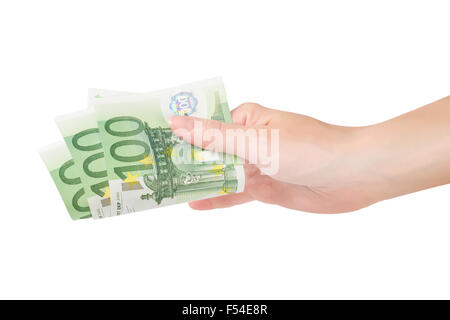 Hand holding euro banknotes isolated on white background with clipping ...
