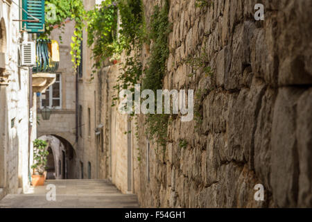 Narrow, empty and idyllic alley at the Old Town in Dubrovnik, Croatia. Focused on the stone wall, shallow depth of field. Stock Photo