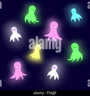 Glowing ghosts in neon colors on dark blue background, a seamless background pattern Stock Photo