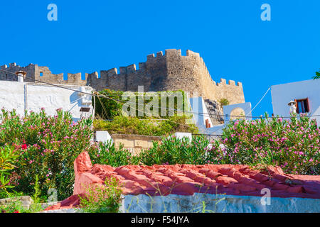 Greece trip 2015, Rhodos island, Lindos, overview of town with Acropolis Stock Photo